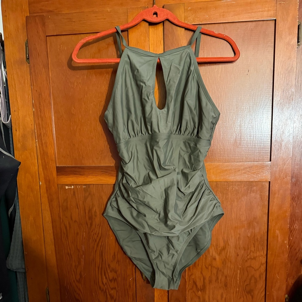 Ellen Tracy Women Size 14 Keyhole High Neck One Piece Swimsuit Olive Green